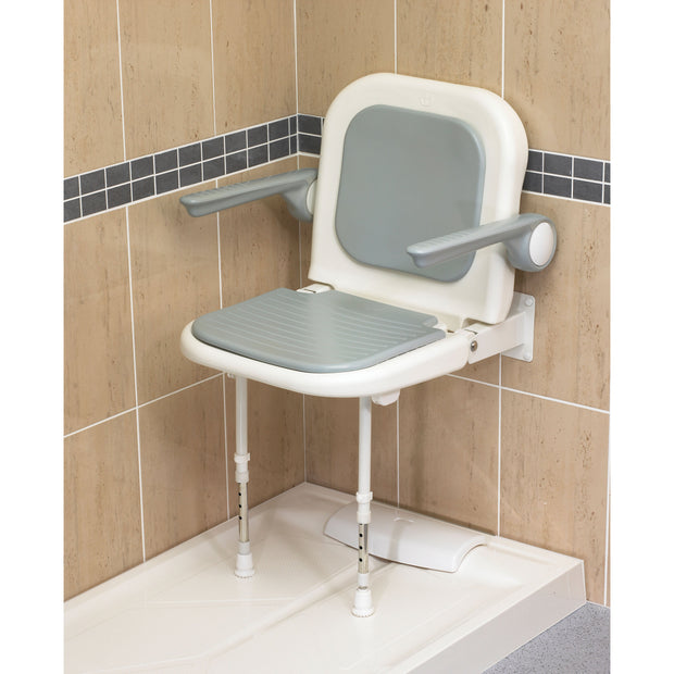 AKW 4000 Series Wall Mounted Standard Shower Seat with Support Legs Grey Padded Seat Back and Arms