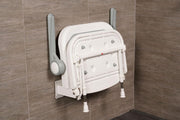 AKW 4000 Series Wall Mounted Extra Wide Fold Up Shower Seat with Support Legs Grey Padded Seat Back and Arms