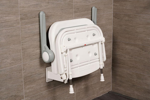 AKW 4000 Series Wall Mounted Extra Wide Fold Up Shower Seat with Support Legs Grey Padded Seat Back and Arms