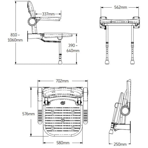 AKW 4000 Series Wall Mounted Extra Wide Fold Up Shower Seat with Support Legs Blue Padded Seat Back and Arms