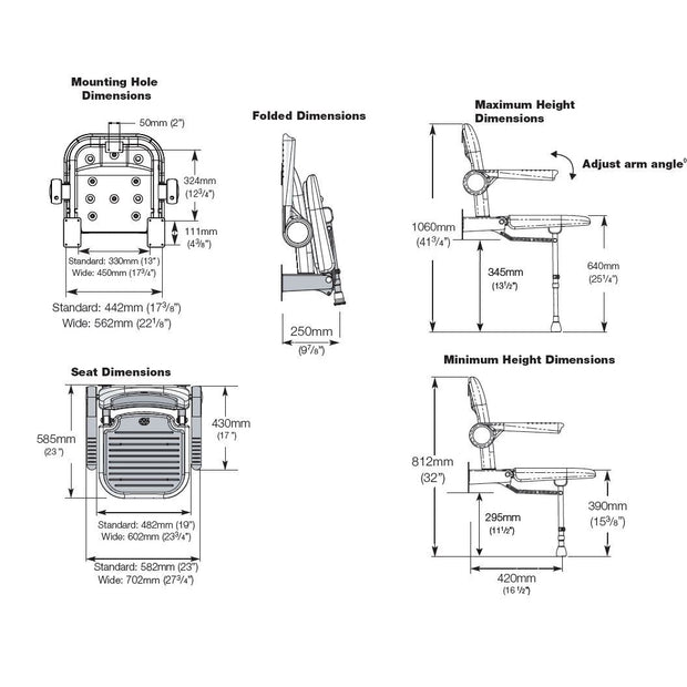 AKW 4000 Series Wall Mounted Extra Wide Fold Up Shower Seat with Support Legs Blue Padded Seat Back and Arms