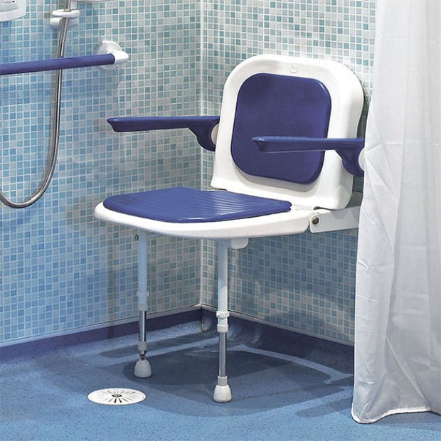 AKW 4000 Series Standard Shower Seat with Support Legs Blue Padded Seat Back and Arms