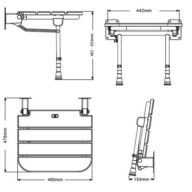 AKW Fold Up Wooden Slatted Shower Seat with Support Legs